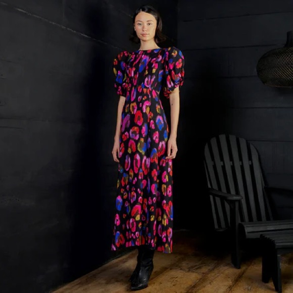 Farm Rio Iridescent Leopard Black Slit Midi Dress - Picture 2 of 13